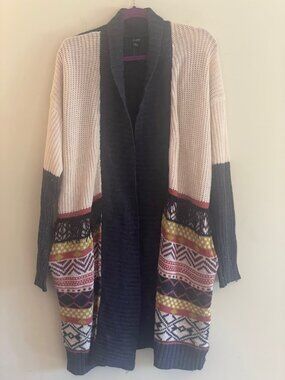 A.U.W. Size Large Long Open-Front Mixed Knit Cardigan